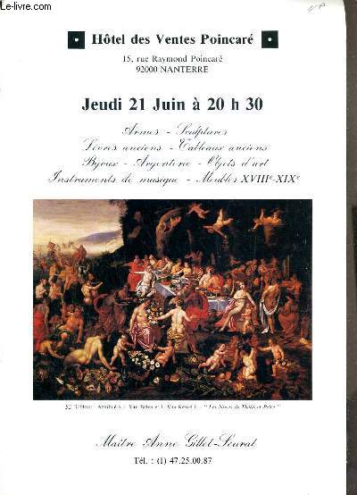 CATALOGUE DE VENTE AUX ENCHERES - POINCARE - ARMES - SCULTPURES - LIVRES ANCIENS - TABLEAUX ANCIENS - 21 JUIN 1990.