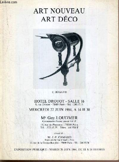CATALOGUE DE VENTE AUX ENCHERES - HOTEL DROUOT - ART NOUVEAU - ART DECO - SALLE 16 - 27 JUIN 1984.