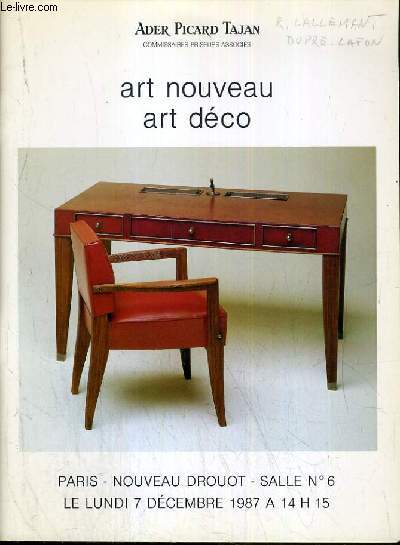 CATALOGUE DE VENTE AUX ENCHERES - NOUVEAU DROUOT - ART NOUVEAU - ART DECO - SALLE 6 - 7 DECEMBRE 1987.