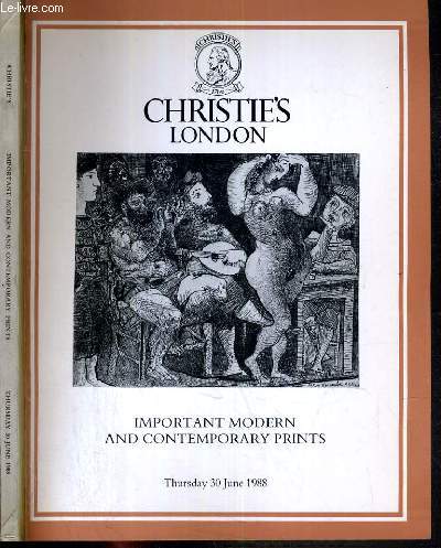 CATALOGUE DE VENTE AUX ENCHERES - LONDON - IMPORTANT MODERN AND CONTEMPORARY PRINTS - 30 JUNE 1988 / TEXTE EN ANGLAIS.