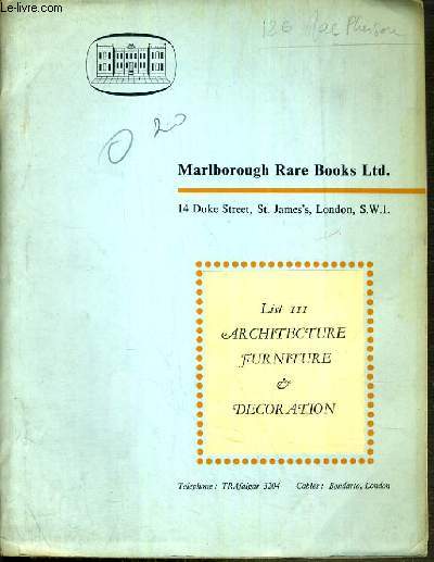 CATALOGUE DE VENTE AUX ENCHERES - LONDON - LIST III - ARCHITECTURE - FURNITURE & DECORATION / TEXTE EN ANGLAIS.