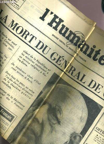 L'HUMANITE - 11 NOVEMBRE 1970 - LA MORT DU GENERAL DE GAULLE / UN HOMME D'ETAT, ANGELA DAVIS ET JANE FONDA, LA CARTE DES ZONES LIBEREES PAR LE FUNK, DE GAULLE: DANS LA PAIX DE SON VILLAGE....