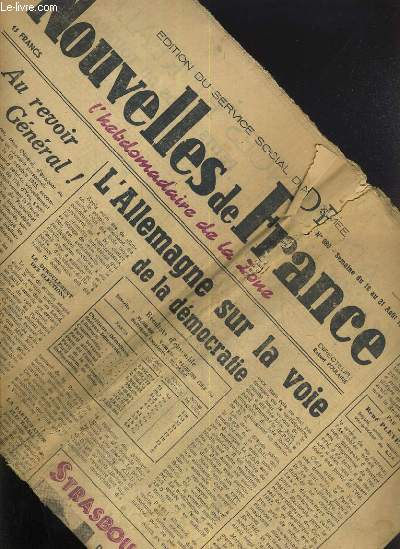 NOUVELLES DE FRANCE - N 980 - SEMAINE DU 16 AU 21 AOUT 1949 / l'allemagne sur la voie de la democratie, au revoir du general...