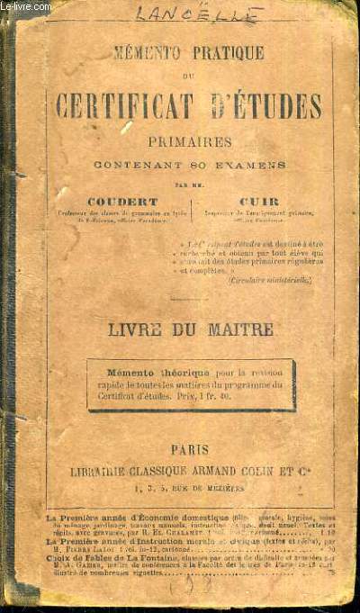 MEMENTO PRATIQUE DU CERTIFICAT D'ETUDES PRIMAIRES CONTENANT 80 EXAMENS - LIVRE DU MAITRE.