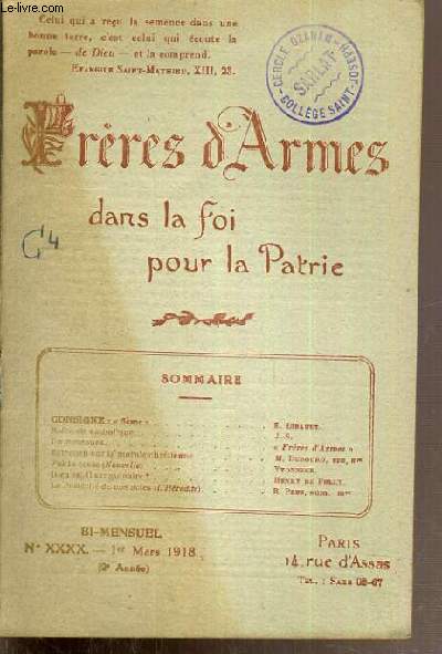 PRIERES D'ARMES DANS LA FOI POUR LA PATRIE - NXXXX - 2me ANNEE - 1er MARS 1918 / consigne: seme de E. LIBAULT - notre vie catholique de J.-S. - un concours de FRERES D'ARMES - entretien sur la morale chretienne de M. DUBOURG....