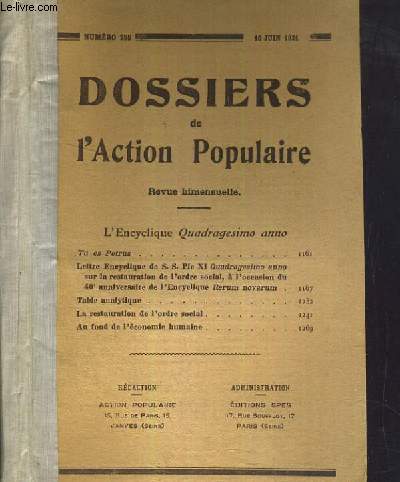 DOSSIERS DE L'ACTION POPULAIRE - REVUE BIMENSUELLE - 10 JUIN 1931
