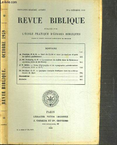 REVUE BIBLIQUE - N4 OCTOBRE 1959.