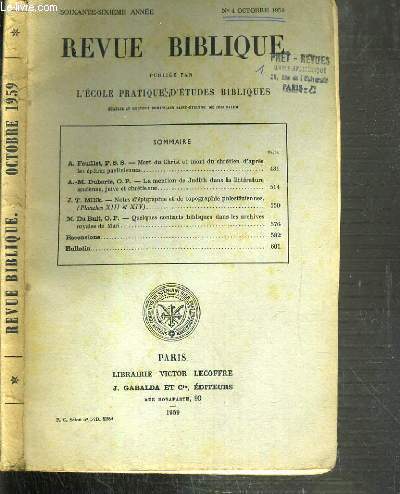 REVUE BIBLIQUE - N4 OCTOBRE 1959.
