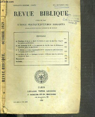 REVUE BIBLIQUE - N4 OCTOBRE 1959.