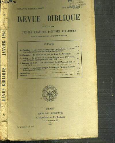 REVUE BIBLIQUE - N1 JANVIER 1961.