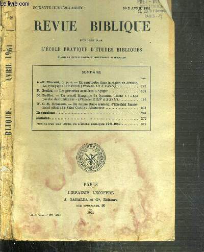 REVUE BIBLIQUE - N2 AVRIL 1961.