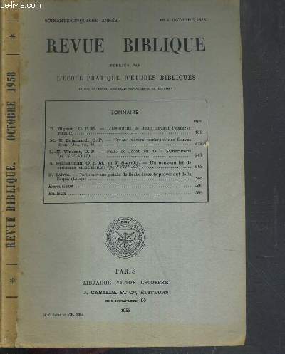 REVUE BIBLIQUE - N4 OCTOBRE 1958.