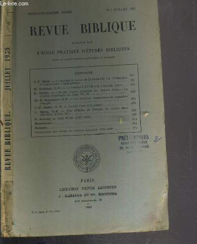 REVUE BIBLIQUE - N3 JUILLET 1959.