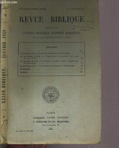 REVUE BIBLIQUE - N1 JANVIER 1959.