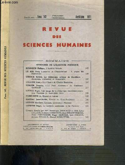 REVUE DES SCIENCES HUMAINES - FASCICULE N142 - AVRIL-JUIN 1971.