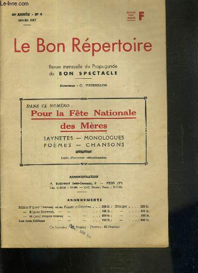 LE BON REPERTOIRE - N6 - AVRIL-MAI 1947.