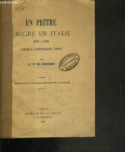 UN PRETRE EMIGRE EN ITALIE EN 1793 D'APRES SA CORRESPONDANCE INEDITE