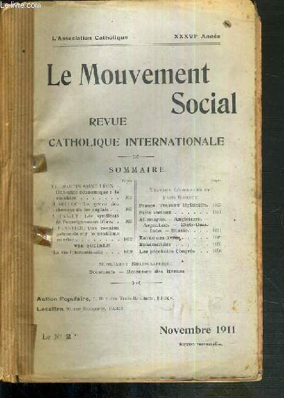 LE MOUVEMENT SOCIAL - REVUE CATHOLIQUE INTERNATIONALE - XXXVIe ANNEE - NOVEMBRE 1911.
