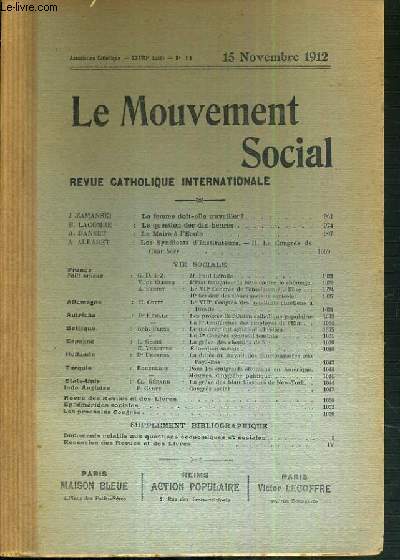 LE MOUVEMENT SOCIAL - REVUE CATHOLIQUE INTERNATIONALE - XXXVIIe ANNEE - 15 NOVEMBRE 1912