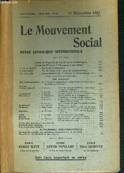 LE MOUVEMENT SOCIAL - REVUE CATHOLIQUE INTERNATIONALE - XXXVIIe ANNEE - 15 DECEMBRE 1912