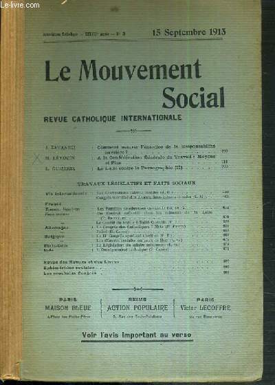 LE MOUVEMENT SOCIAL - REVUE CATHOLIQUE INTERNATIONALE - XXXVIIIe ANNEE - 15 SEPTEMBRE 1913