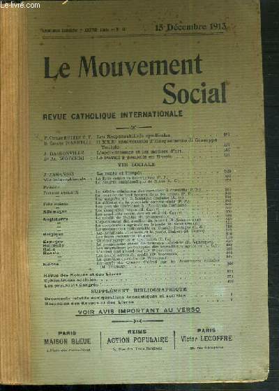 LE MOUVEMENT SOCIAL - REVUE CATHOLIQUE INTERNATIONALE - XXXVIIIe ANNEE - 15 DECEMBRE 1913
