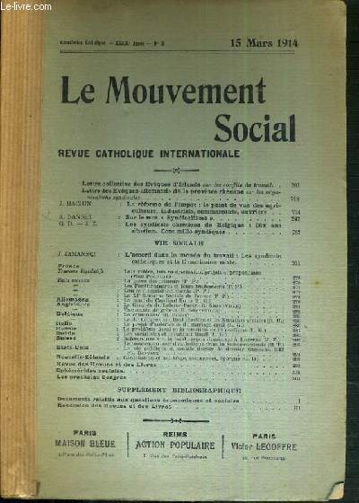 LE MOUVEMENT SOCIAL - REVUE CATHOLIQUE INTERNATIONALE - XXXIXe ANNEE - 15 MARS 1914