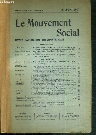 LE MOUVEMENT SOCIAL - REVUE CATHOLIQUE INTERNATIONALE - XXXIXe ANNEE - 15 AVRIL 1914
