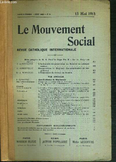 LE MOUVEMENT SOCIAL - REVUE CATHOLIQUE INTERNATIONALE - XXXIXe ANNEE - 15 MAI 1914
