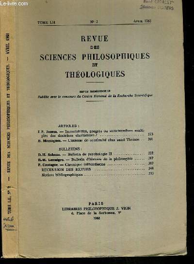 REVUE DES SCIENCES PHILOSOPHIQUES ET THEOLOGIQUES - TOME LII - N2 - AVRIL 1968