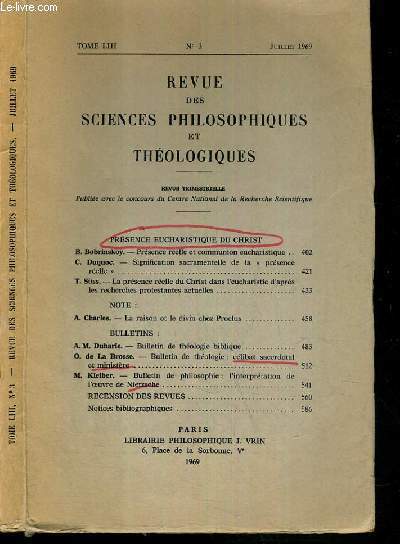 REVUE DES SCIENCES PHILOSOPHIQUES ET THEOLOGIQUES - TOME LIII - N 2 - JUILLET 1969