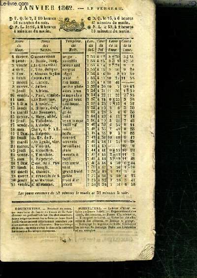ALMANACH DES FOIRES ET MARCHES DES DEUX-SEVRES POUR L'ANNEE 1862