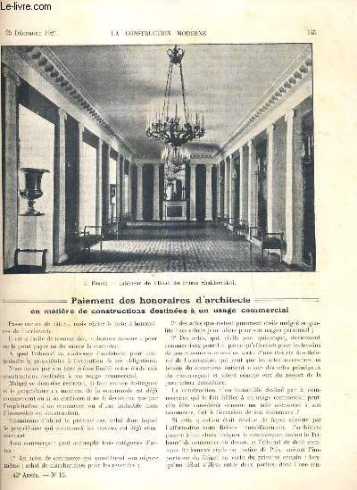 LA CONSTRUCTION MODERNE - 43e VOLUME (1927-1928) - FASCICULE N13 - L' ARCHITECTURE RUSSE AVANT LA REVOLUTION, interieur de l'hotel de M. Ratkov-Rojnov, palais polovtsev a petrograd, eglise de provisieux (Ainse), l'elargissement du pont de la concorde..