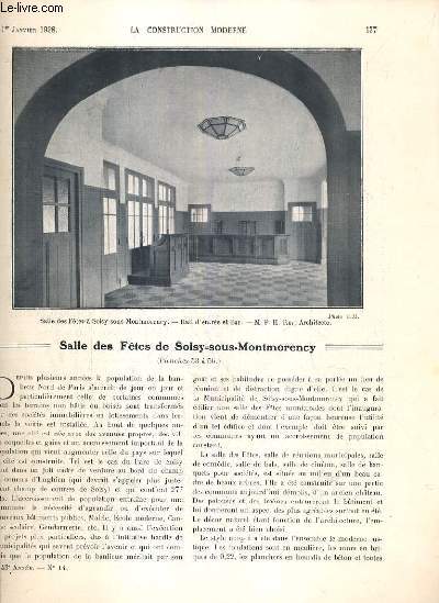 LA CONSTRUCTION MODERNE - 43e VOLUME (1927-1928) - FASCICULE N14 - SALLE DES FETES DE SOISY-SOUS-MONTMORENCY, facade principale primitive avec porche, vue perspective cot de l'entre, la salle vers la scene, salon d'automne 1927, un studio  la cote azu