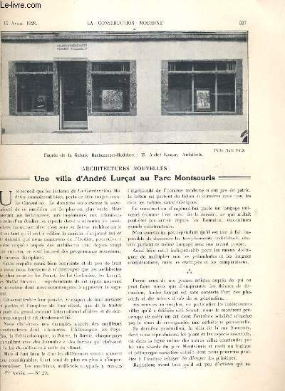 LA CONSTRUCTION MODERNE - 43e VOLUME (1927-1928) - FASCICULE N29 - UNE VILLA D'ANDRE LURCAT AU PARC MONTSOURIS, facade principale, plan, cathedrale de Manizales (Colombie), coupe longitudinale, detail des clefs creuses destines a recevoir le dispositif