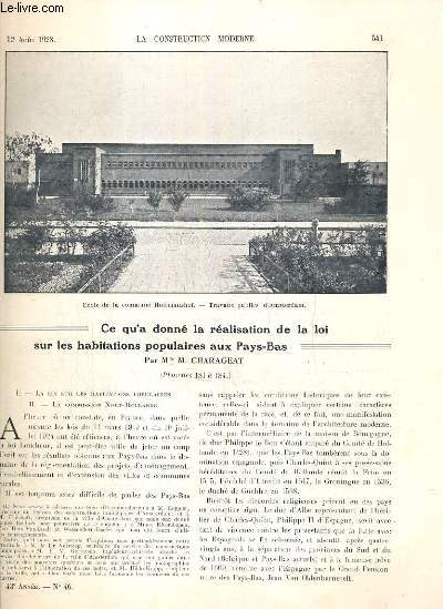 LA CONSTRUCTION MODERNE - 43e VOLUME (1927-1928) - FASCICULE N46 - HOTEL DE VILLE D'AMSTERDAM: TRAVAUX PUBLICS D'AMSTERDAM, sculptures d'Hildo Krop symbolisant l'excellence du travail manuel, ecole de la commune Wienwendam, la cit moderne.