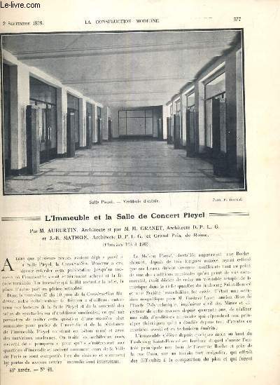 LA CONSTRUCTION MODERNE - 43e VOLUME (1927-1928) - FASCICULE N49 - IMMEUBLE ET SALLE DE CONCERT PLEYEL A PARIS, hall-foyer du RDC, plan RDC et 1er etage, facade sur le faubourg-st-honor, la grande galerie, detail de l'estrade et de la decoration