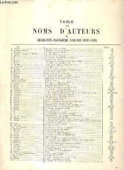 TABLE PAR NOMS D'AUTEURS DU QUARANTE-TROISIEME VOLUME (1927-1928) + TABLE GENERALE + TABLE DES PLANCHES HORS TEXTE DE LA CONSTRUCTION MODERNE - (JOURNAL HEBDOMADAIRE ILLUSTRE - ART - THEORIE APPLIQUEE - PRATIQUE - GENIE CIVIL - JURISPRUDENCE)