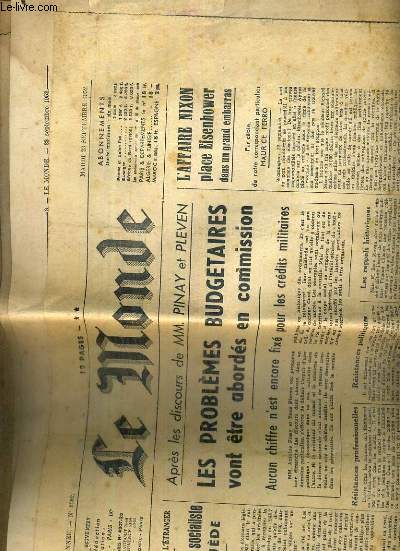 LE MONDE - N2382 - MARDI 23 SEPTEMBRE 1952 - apres les discours de MM. PINAY et PLEVEN, les problements budgetaires vont etre abordes en commission, leger recul socialiste en suede, l'affaire nixon place Eisenhower dans un grand embarras, bien faite...