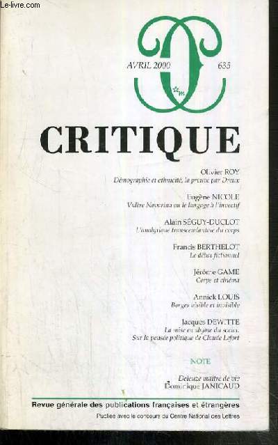 CRITIQUE - N635 - TOME LVI - AVRIL 2000 -