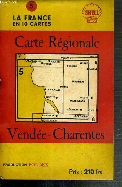 CARTE ROUTIERE SHELL - CARTE REGIONALE VENDEE-CHARENTES - BORDEAUX, COGNAC, CHALAIS, HOURTIN - ECHELLE 1/400 000 e