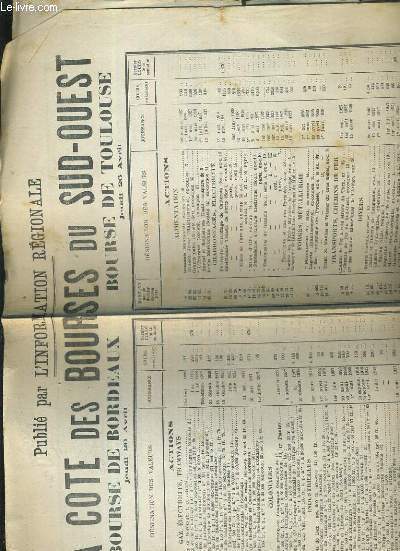 LA COTE DES BOURSES DU SUD-OUEST - BOURSE DE BORDEAUX - BOURSE DE TOULOUSE - JEUDI 26 AVRIL