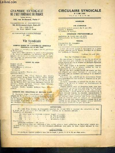 CHAMBRE SYNDICALE DE L'ART FUNERAIRE DE FRANCE - CIRCULAIRE SYNDICALE - N5 - MAI 1943 - vie syndicales, compte rendu de l'assemble generale annuelle du 10 mai 1943, chronique professionnelle, travail, rapport moral de M. le president sarazanas..