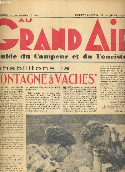 AU GRAND AIR - GUIDE DU CAMPEUR ET DU TOURISTE - N15 - JEUDI 15 JUIN 1939 - 1ere ANNEE - rehabilitons la 
