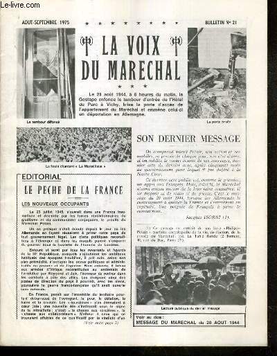 LA VOIX DU MARECHAL - BULLETIN N 21 - AOUT-SEPTEMBRE 1975 - son dernier message, le peche de la France, regionalisation, democratie, assises populaires, la lente agonie de Philippe Petain, la captivit  l'ile d'yeu...