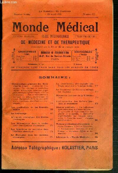 LE MONDE MEDICAL - N234 - 25 AVRIL 1906 - REVUE INTERNATIONALE DE MEDECINE ET DE THERAPEUTIQUE