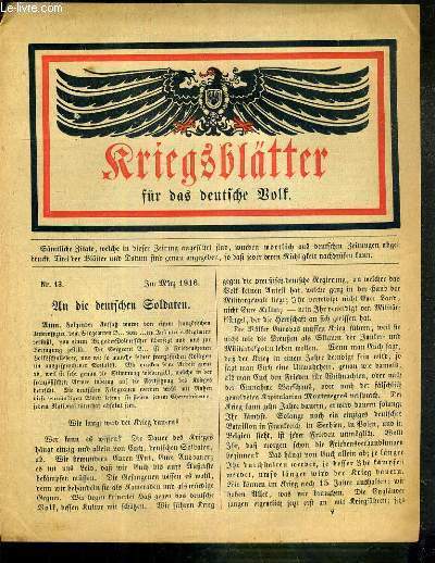 KRIEGSBLATTER FR DAS DEUTSCHE WOLF - N 13 - MARZ 1916 / TEXTE EXCLUSIVEMENT EN ALLEMAND