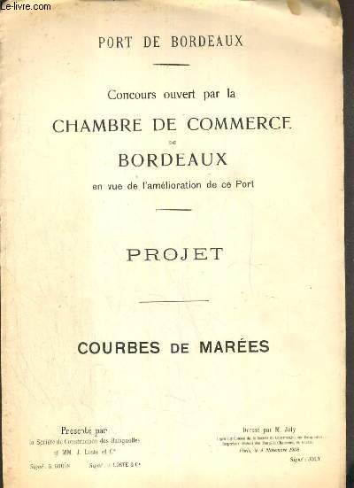 PROJET - COURBES DE MAREES - CONCOURS OUVERT PAR LA CHAMBRE DE COMMERCE DE BORDEAUX EN VUE DE L'AMELIORATION DE CE PORT - PORT DE BORDEAUX