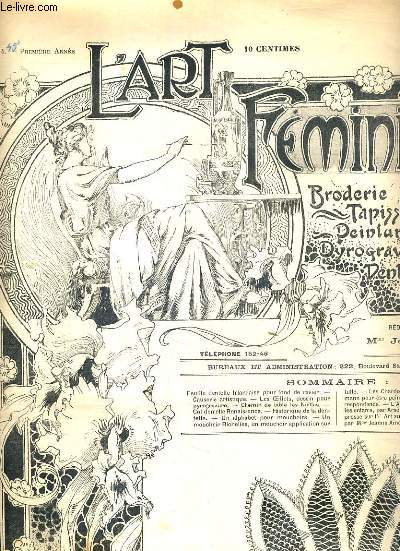 L'ART FEMININ - N 4 - 5 JANV. 1902 - BRODERIE - TAPISSERIE.. - feuille dentelle Irlandaise pour fond de Ravier - les oeillets, cadre pour pyrogravure ou dessin  la plume - fond de Ravier en detelle Irlandaise - chemin de table 