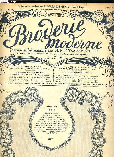 PETIT ECHO DE LA BRODERIE - N 33 - DIMANCHE 19 AOUT 1906 - encadrements de mouchoirs - bavoir orn de dentelle cluny - chemin de table - col pour fillette de 3  5 ans - encadrement de mouchoir - tetiere brode sur etamine  rayures de couleurs.